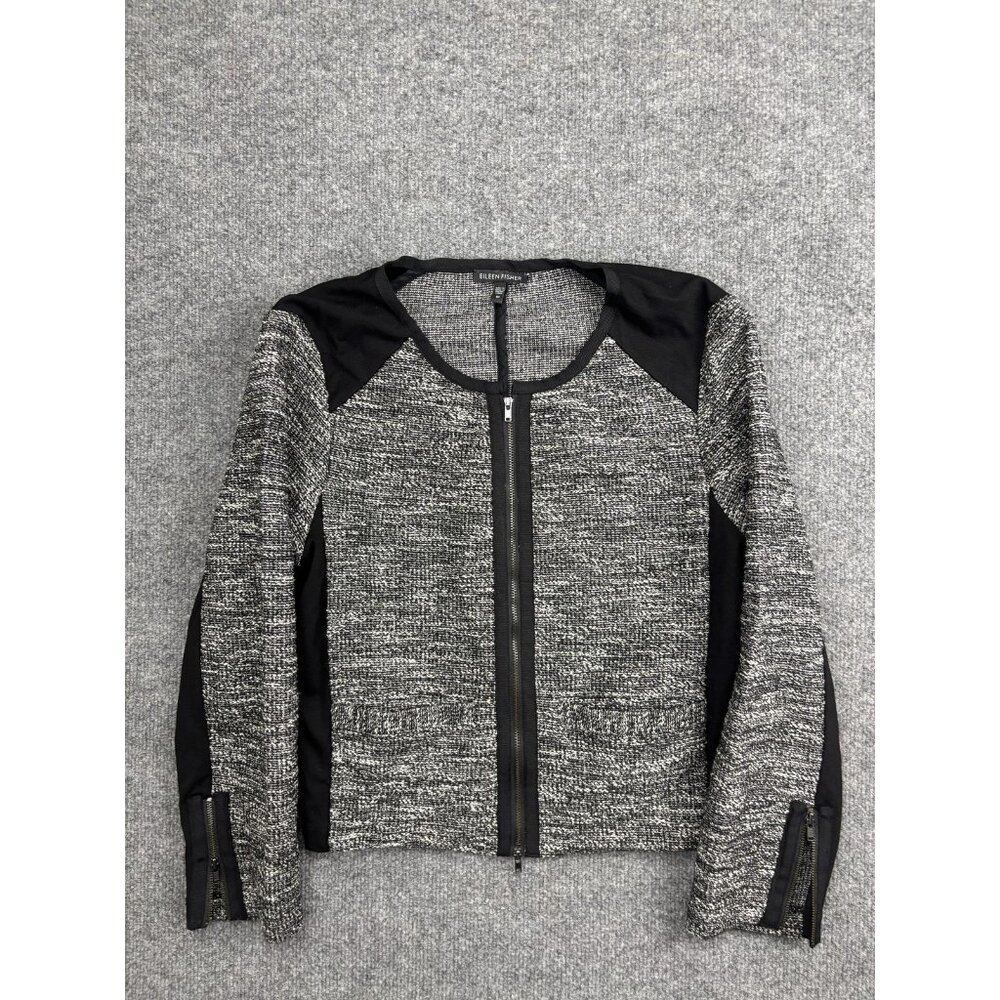 Eileen Fisher Jacket Womens Medium Gray‎ Knit Tweed Full Zip Collarless Pockets